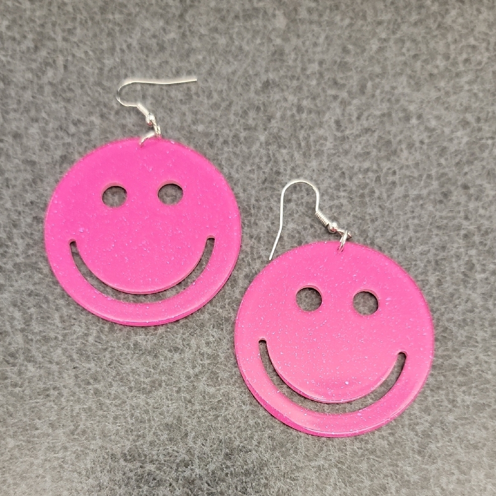 Vibrant Hot Pink Circle Earrings with Smiley Design